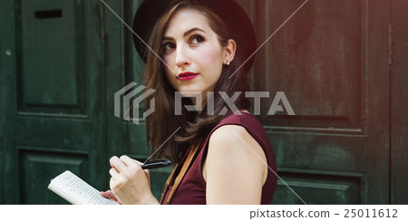 Woman Making Notes Outside City Concept 25011612