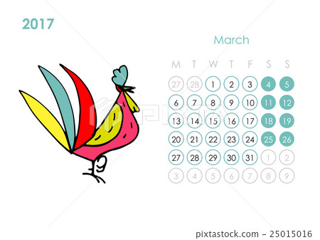 Rooster calendar 2017 for your design. March month 25015016