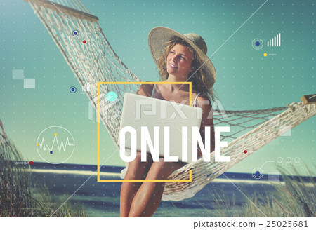 Beautiful Woman Sitting on a Hammock by the Beach 25025681