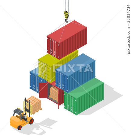 Unloading of sea cargo containers by a forklift. Unloading of sea cargo containers by a forklift. 25034734