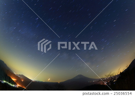 Summer constellation climbing Mt. Fuji seen from Lake Shoin · panoramic mountain (fisheye lens shooting) 25036554