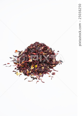 Hibiscus rosel as a tea leaf of a beauty system herb · hibiscus tea · real fragments of a rose · white back overlook vertical position 25038250