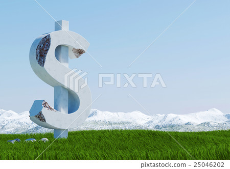 Damaged concrete dollar sign statue 25046202