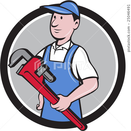 Handyman Holding Pipe Wrench Circle Cartoon 25046491