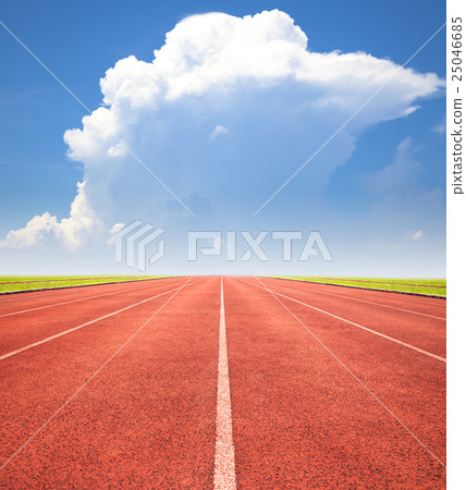 red running track over blue sky and clouds 25046685