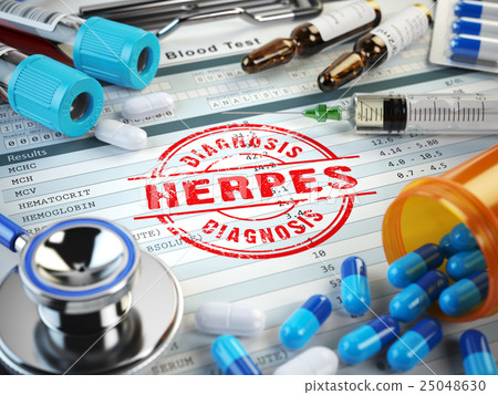 Herpes diagnosis. Stamp, stethoscope, syringe, 25048630