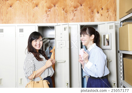 Convenience store backyard Two women chatting chat room locker room change Convenience store backyard Two women chatting chat room locker room change 25057177