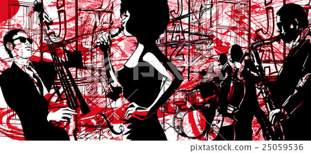 Jazz poster with saxophone, double-bass and drum 25059536