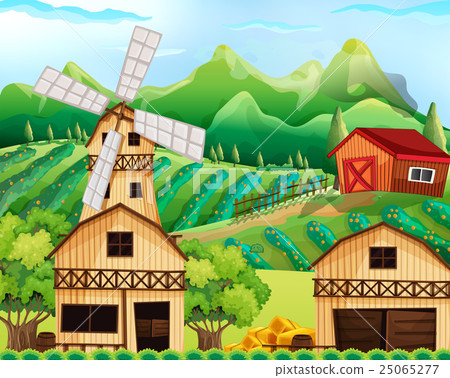 Farm scene with barn and windmill Farm scene with barn and windmill 25065277