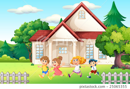 Boys and girl running in the backyard Boys and girl running in the backyard 25065355