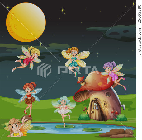 Fairies flying over the house at night 25065390