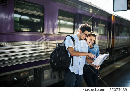 Couple Travellers Train Station Map Concept 25075489