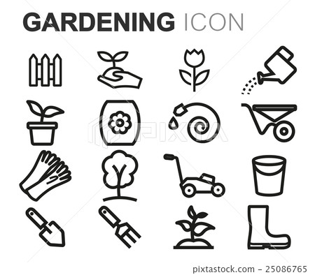 Vector black line gardening icons set - Stock Illustration [25086765 ...
