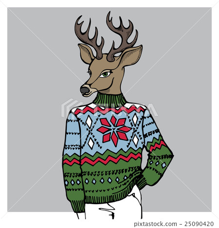 Cartoon reindeer in Jacquard hat ,sweater.Winter 25090420