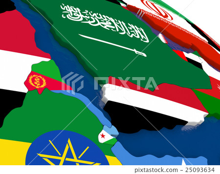Yemen, Eritrea and Djibouti on 3D map with flags Yemen, Eritrea and Djibouti on 3D map with flags 25093634