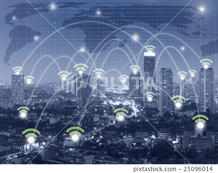 Network connection line between building over the top view of cityscape with the Elevated highway and world map background which dicut each elements, cool tone color, network and connection concept 25096014