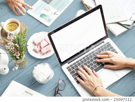 Using Laptop Surfing Searching Mockup Copyspace Concept 25097112