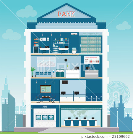 Bank building exterior and interior counter desk. 25109662