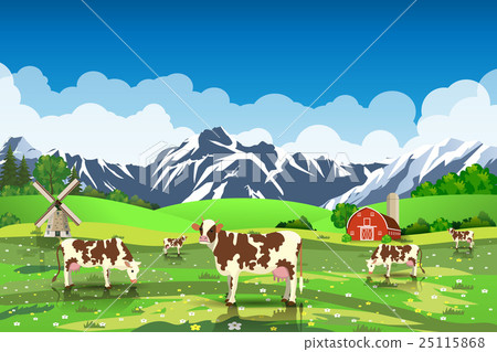 Rural sunrise landscape with cows and farm - Stock Illustration ...