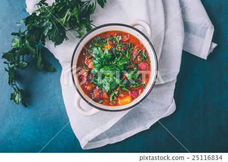 Goulash soup with potatoes and salami 25116834