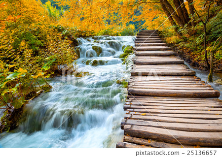 Scenic waterfalls and wooden path -  Fall season 25136657