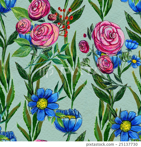 Seamless pattern with blue and pink flowers - Stock Illustration ...
