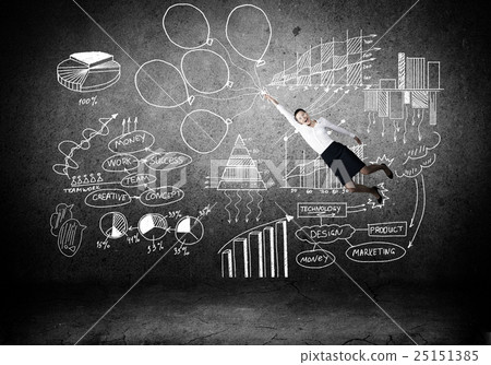 Businesswoman fly on balloons Businesswoman fly on balloons 25151385