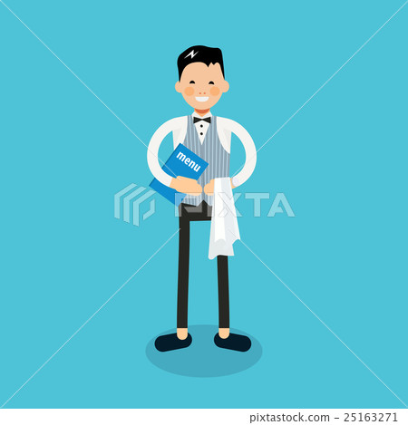 Young cheerful waiter stands with menu and napkin Young cheerful waiter stands with menu and napkin 25163271