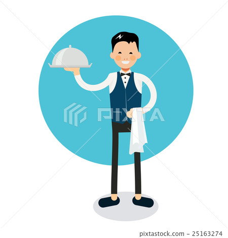 Young cheerful waiter stands with dish and napkin 25163274