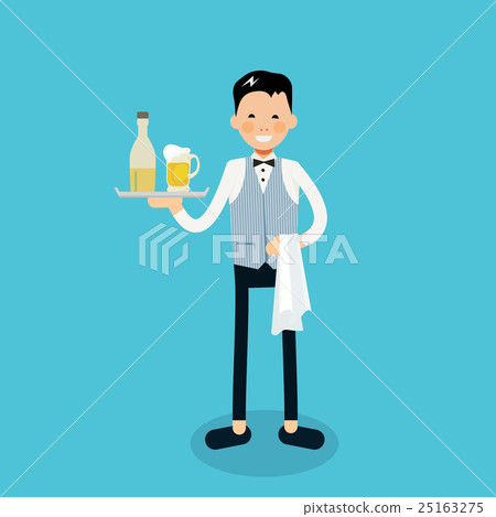 Young cheerful waiter stands with with a bottle  25163275