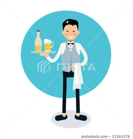 Young cheerful waiter stands with with a bottle  25163276