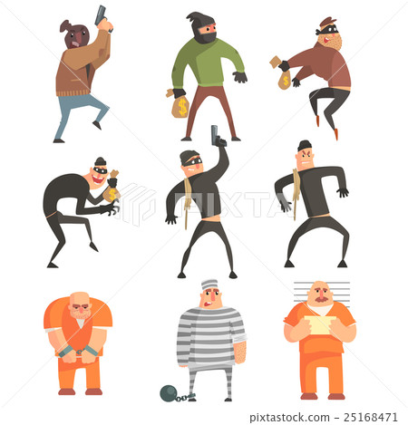 Criminals And Convicts Funny Characters Set - Stock Illustration ...