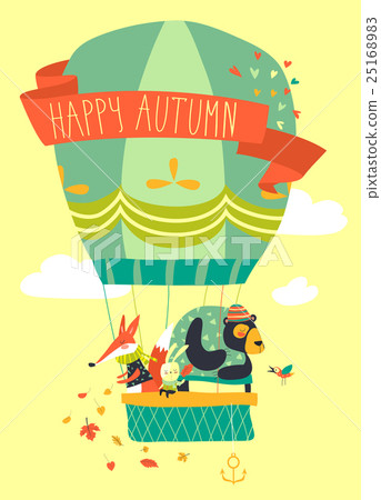 Funny friendly animals in hot air balloon. Hello Funny friendly animals in hot air balloon. Hello 25168983