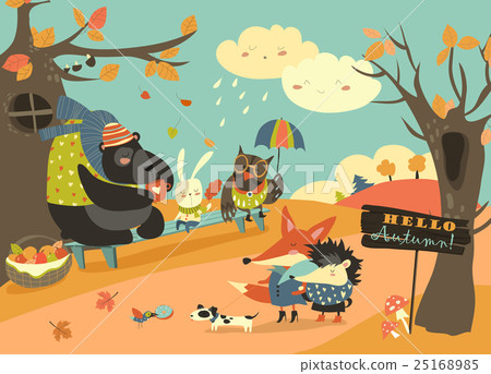 Cute animals walking in autumn forest 25168985