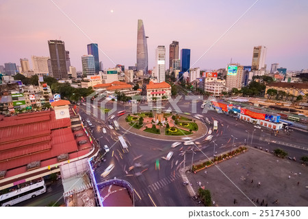 Downtown Saigon and Ben Thanh Market in twilight Downtown Saigon and Ben Thanh Market in twilight 25174300