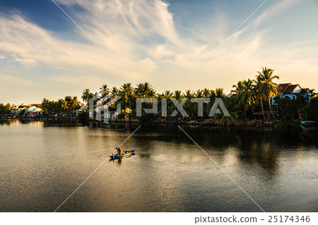 Fisherman is fishing in sunrise at Thu Bon river 25174346