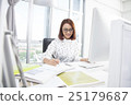 Smiling asian businesswoman at office desk writing 25179687