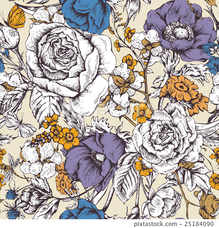 Vintage floral vector seamless pattern with roses - Stock Illustration ...
