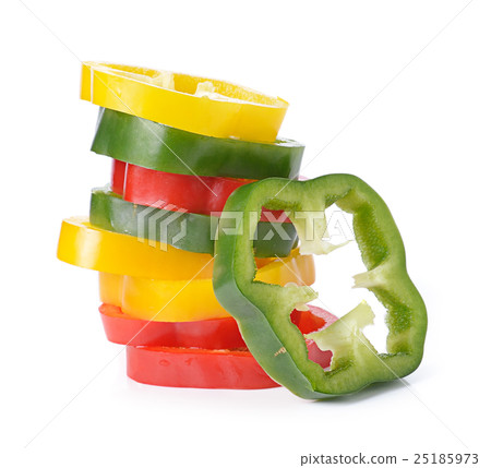 Sliced red yellow green pepper isolated on white Sliced red yellow green pepper isolated on white 25185973