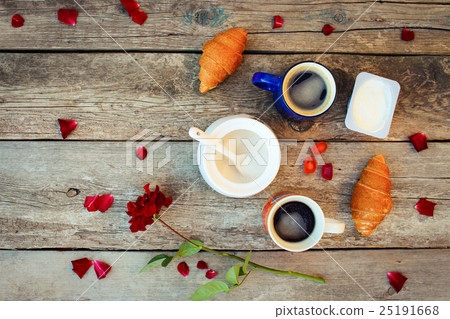Two coffees, croissants, sugar, candy, yoghurt, Two coffees, croissants, sugar, candy, yoghurt, 25191668