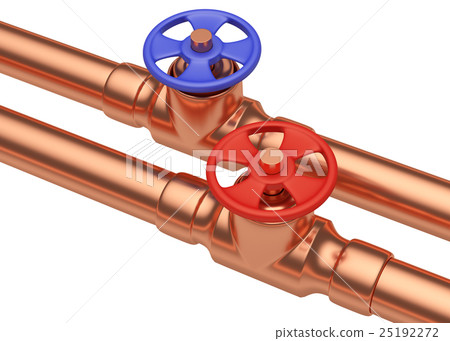Blue and red valves on copper pipes, diagonal view 25192272