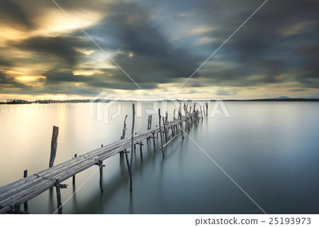 Bamboo pier bridge at beautiful sunset 25193973