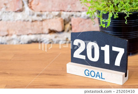New year 2017 on blackboard and plant on wood 25203410