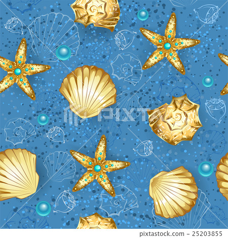 Blue seamless of gold seashells 25203855