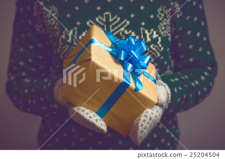 Girl holds in hands Christmas present 25204504