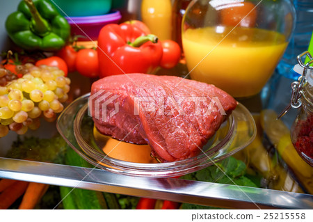 Fresh raw meat on a shelf open refrigerator Fresh raw meat on a shelf open refrigerator 25215558