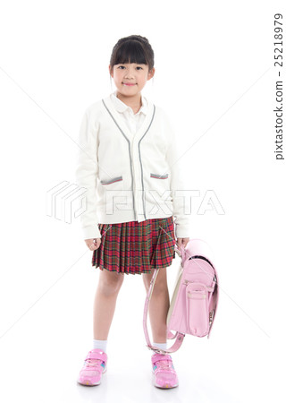 Asian child in school uniform with pink school bag Asian child in school uniform with pink school bag 25218979