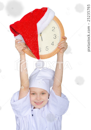 Girl with clock, Santa red hat and snow 25235765