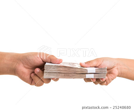 Hand giving Thai banknotes. Studio shot isolated on white background Hand giving Thai banknotes. Studio shot isolated on white background 25248680