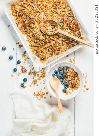 Oat granola with pecan nuts, yogurt and blueberry 25253351